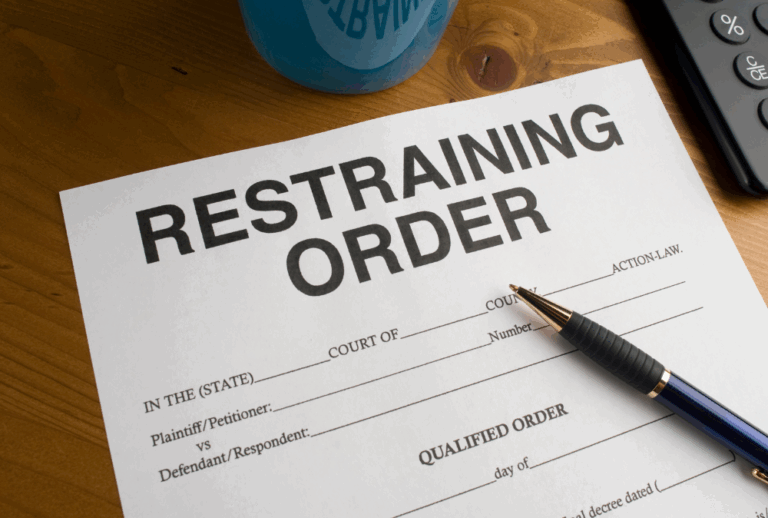 Image is of restraining order paperwork and a pen, concept of restraining orders in Tennessee