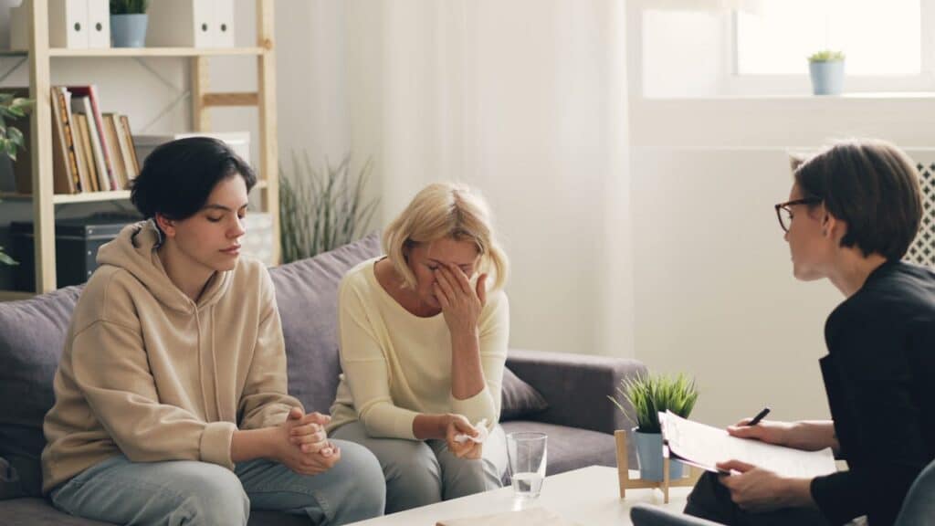Family meeting with lawyer discussing emergency child custody orders.