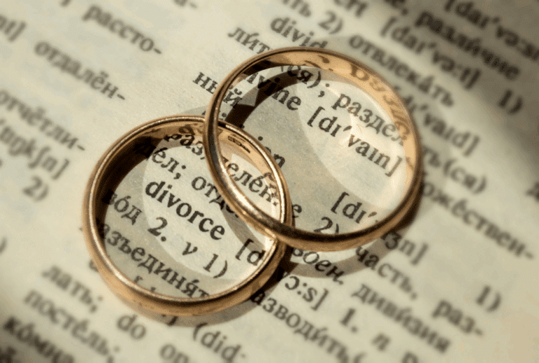 Image is of two gold wedding bands on a dictionary page for the word 'divorce', concept of religious vs. legal divorce in Franklin