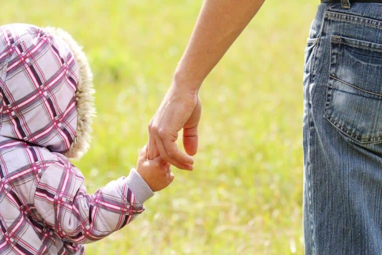 Image shows an adult holding a young child’s hand in a grassy field, symbolizing the focus on child safety when domestic violence impacts custody evaluations.