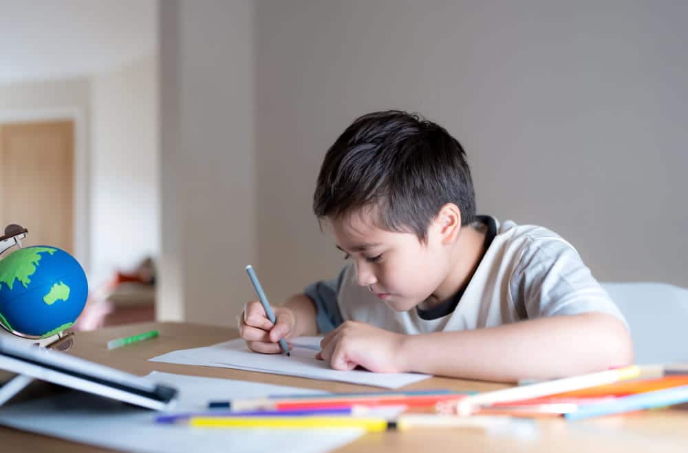 Image is of a young child focused on schoolwork at home, reflecting a school choice dispute affecting daily routine and learning stability