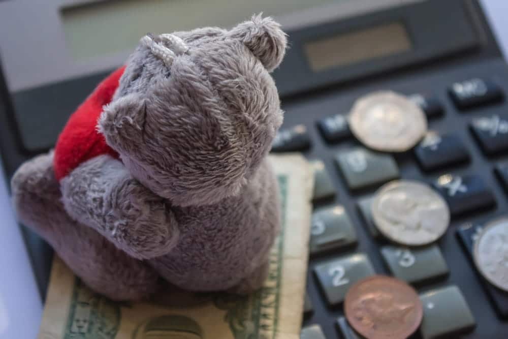Image is of a teddy bear beside cash and a calculator representing child-related financial responsibilities, concept of Franklin child support lawyer handling support payment calculations and parenting expenses.