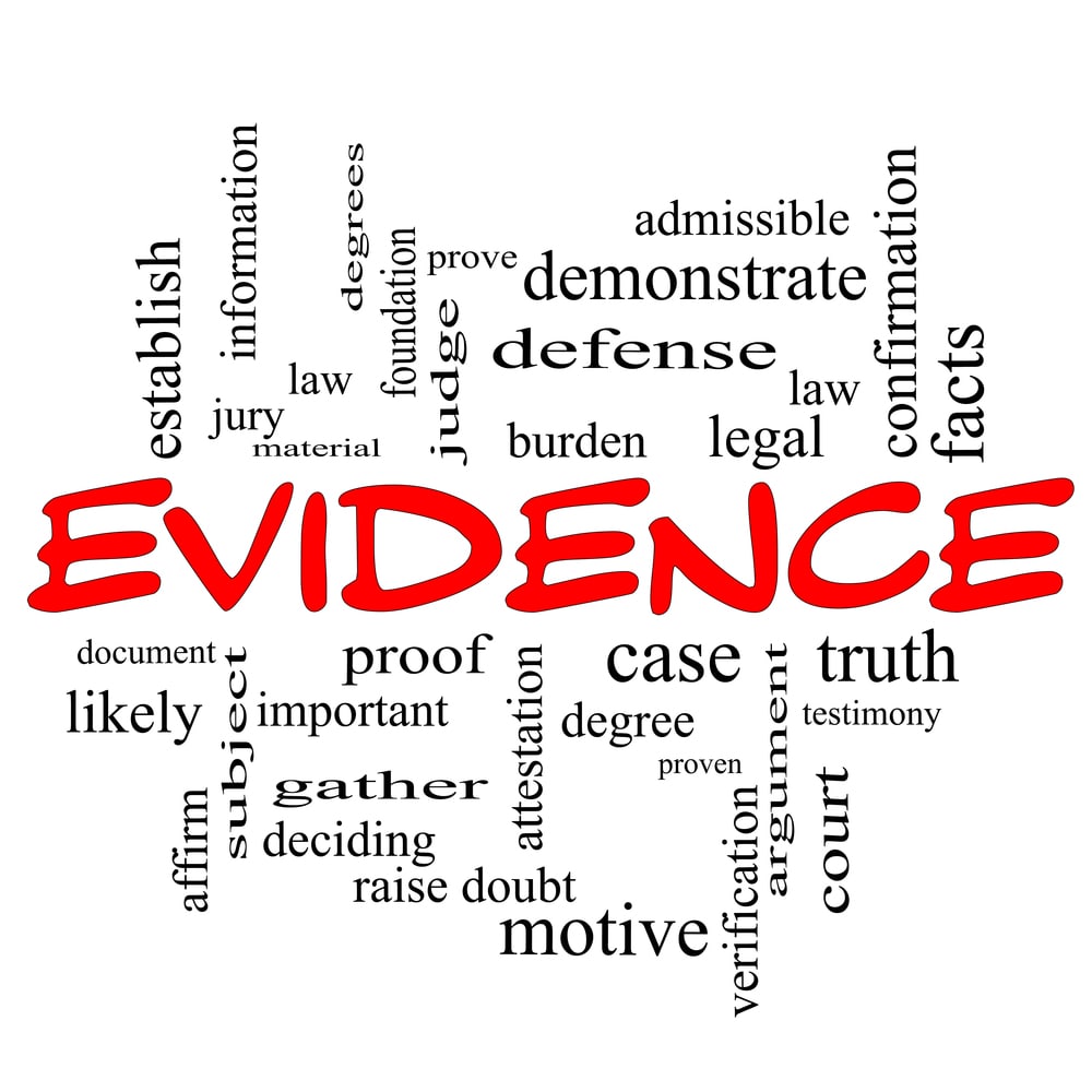 Image is of legal and courtroom terminology surrounding evidence and defense strategies, concept of Franklin father's rights lawyer handling custody disputes and parental rights cases.